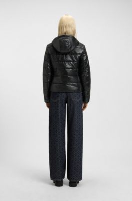 Water-repellent hooded puffer jacket with logo print, Black