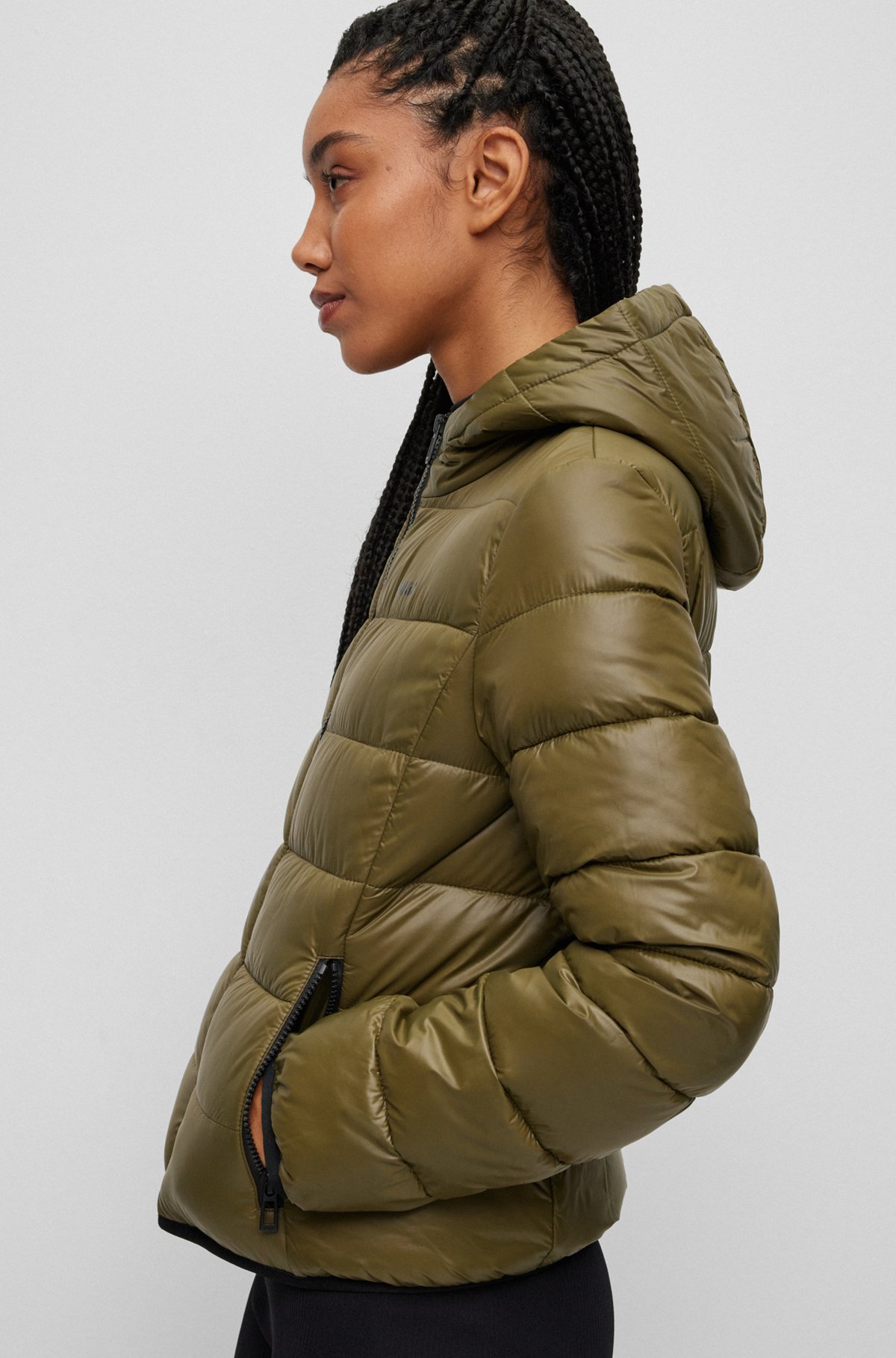 Water-repellent puffer jacket with logo print, Khaki