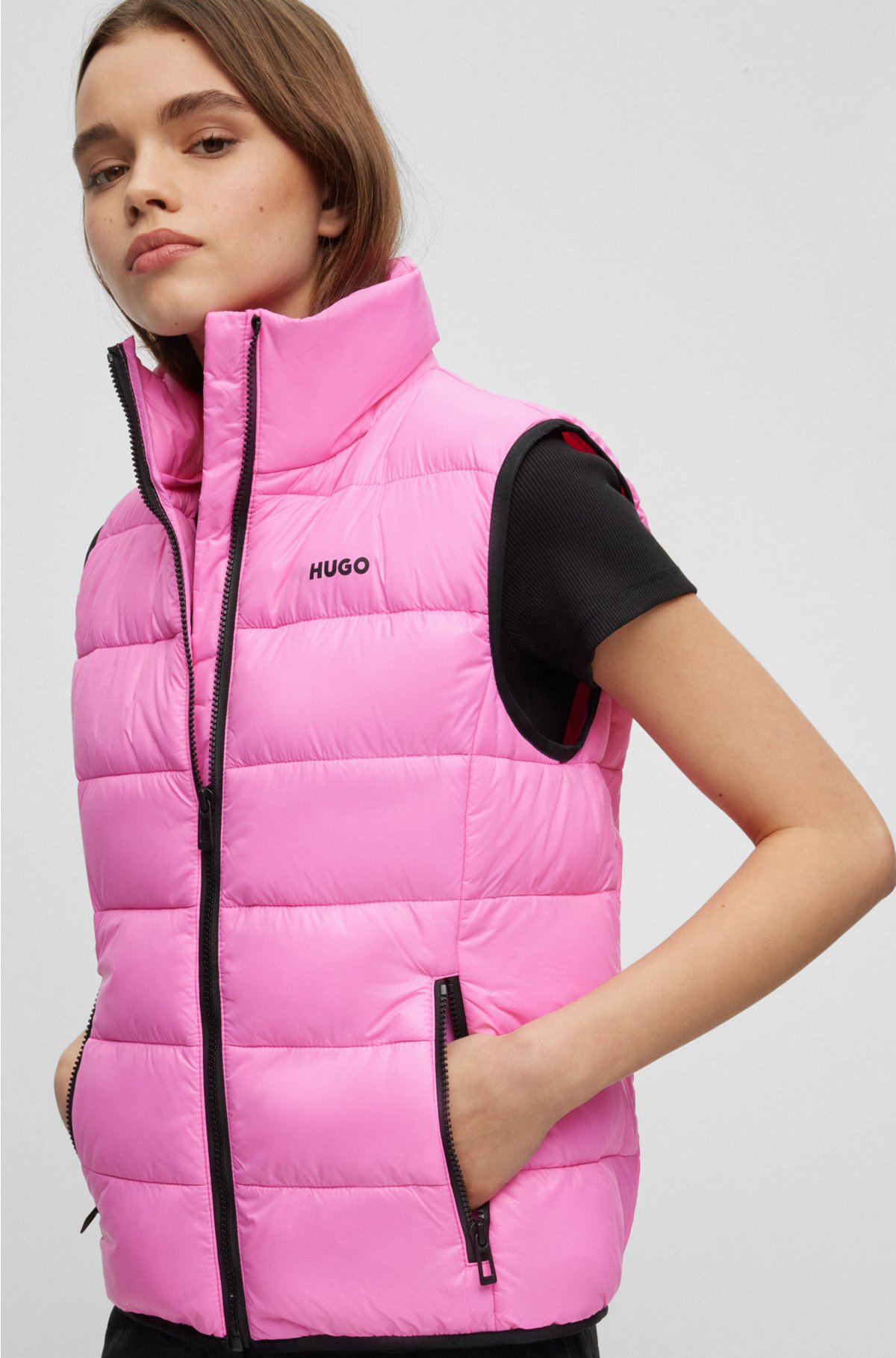 Lightweight water-repellent padded gilet with logo, light pink