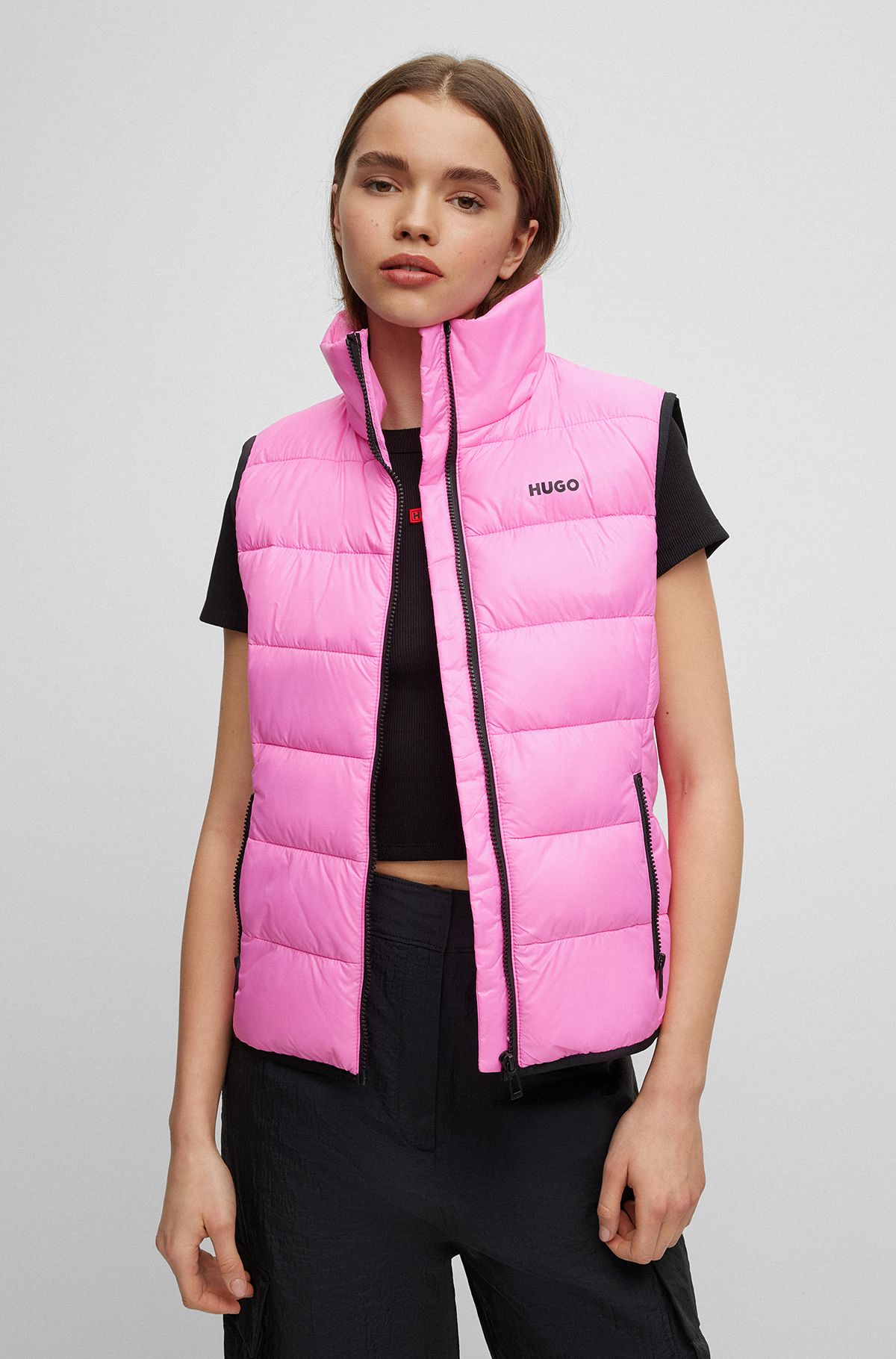 Lightweight water-repellent padded gilet with logo, light pink