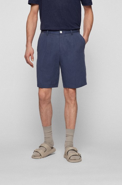 Tapered-fit shorts with pleat front in linen blend, Dark Blue