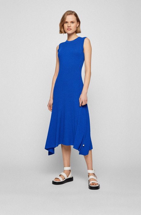 Slim-fit sleeveless dress in ribbed fabric, Blue