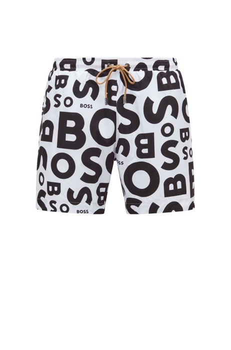 Recycled-material swim shorts with logo print, White
