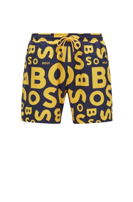 Recycled-material swim shorts with logo print, Light Yellow