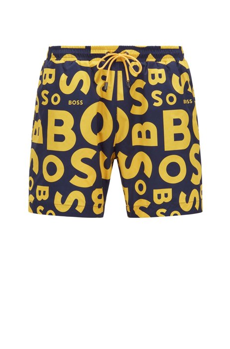 Recycled-material swim shorts with logo print, Light Yellow
