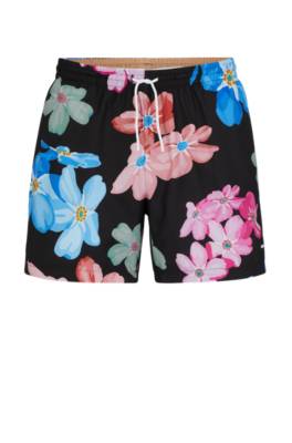 Hugo Boss Floral-print Swim Shorts With Logo Detail In Black