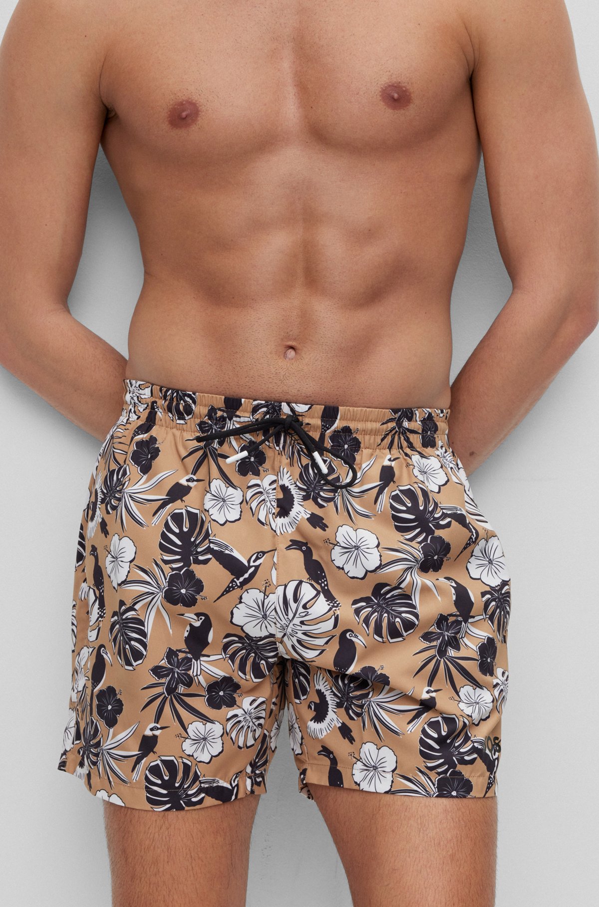 Floral-print swim shorts with logo detail, Beige
