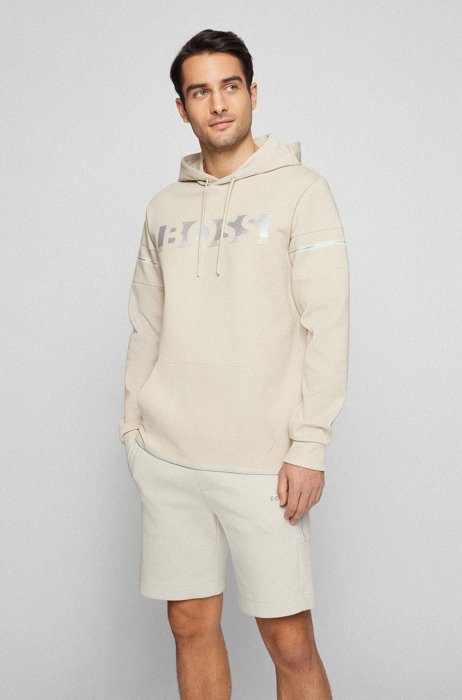 Cotton-blend hooded sweatshirt with block stripes and logo, Light Beige