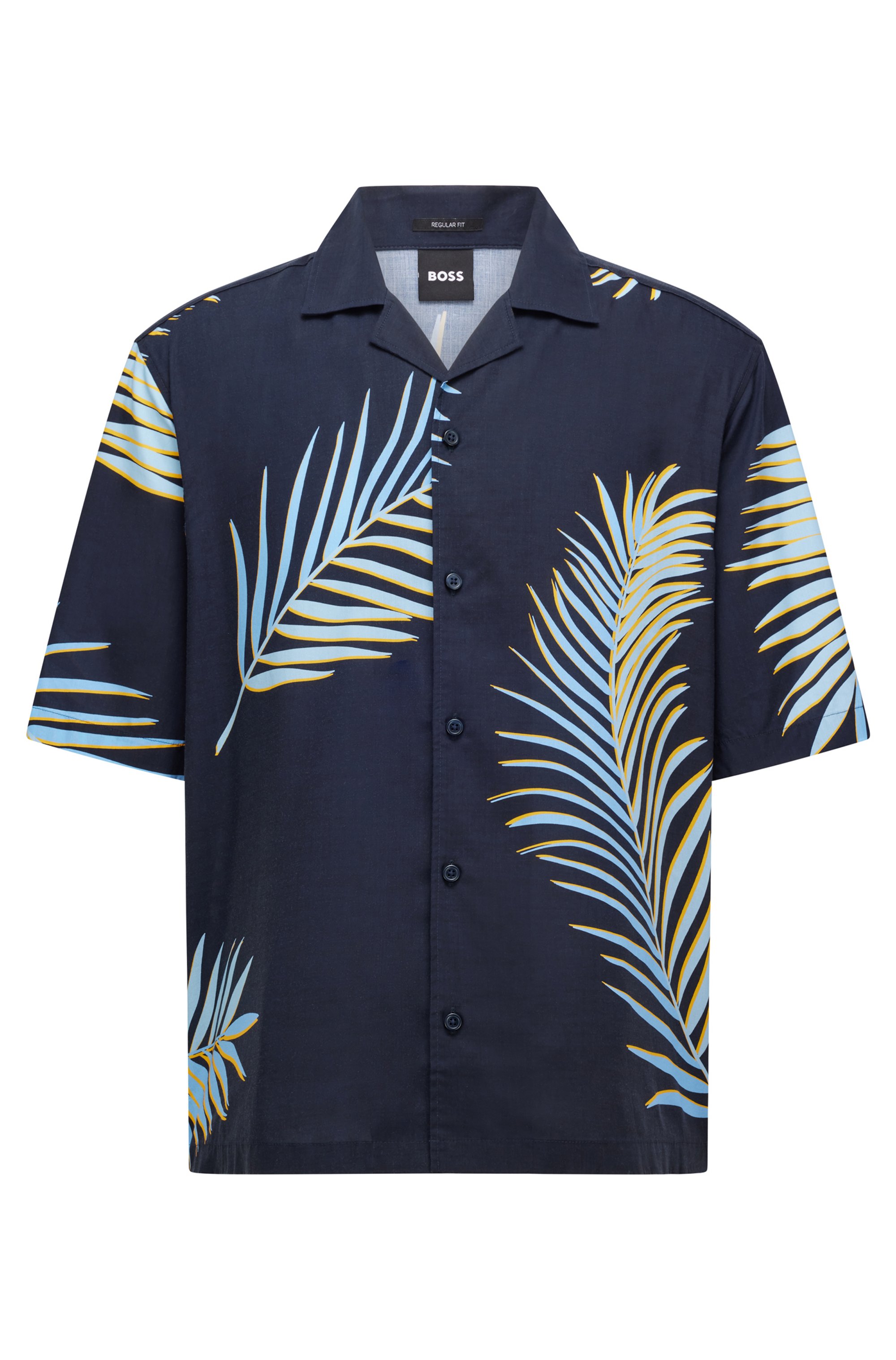 Regular-fit overhemd met korte mouwen en bladprint, Donkerblauw