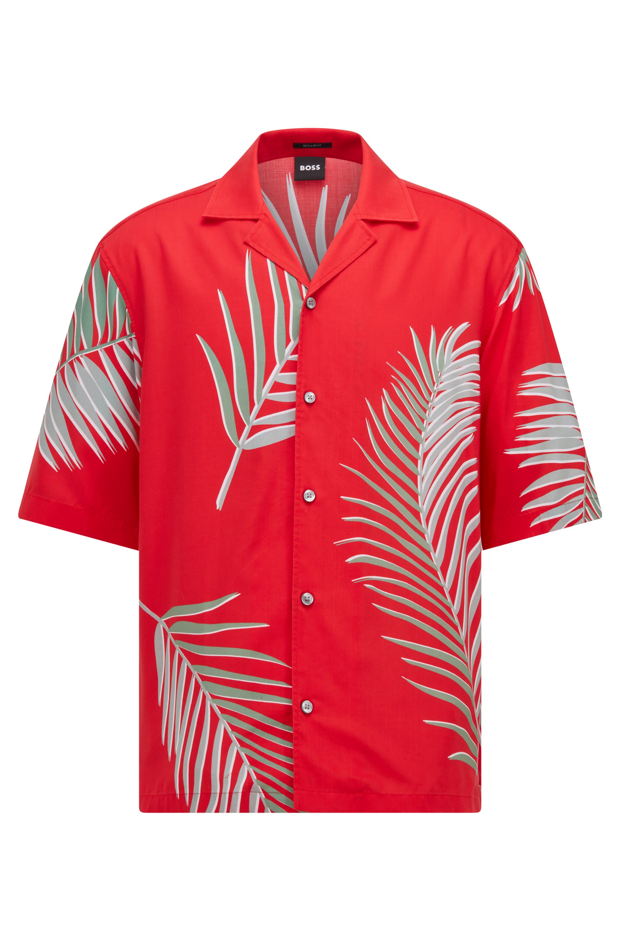 Camisa regular fit de manga corta con estampado de hojas, Rojo
