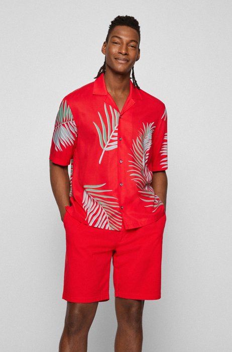 Regular-Fit Kurzarm-Hemd mit Blätter-Print, Rot