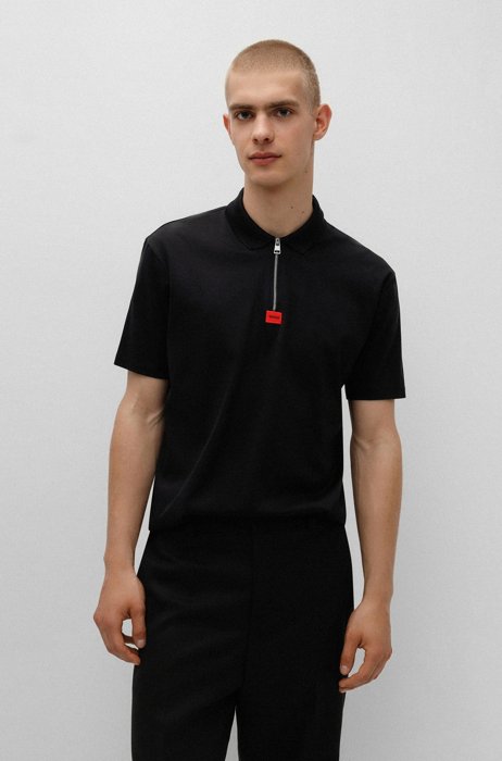 Mercerised-cotton polo shirt with zip placket, Black