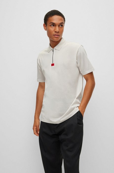 Mercerised-cotton polo shirt with zip placket, Light Beige