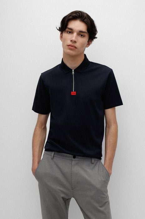 Mercerised-cotton polo shirt with zip placket, Dark Blue