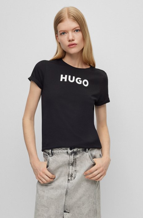 T-shirt slim fit in jersey di cotone con logo, Nero