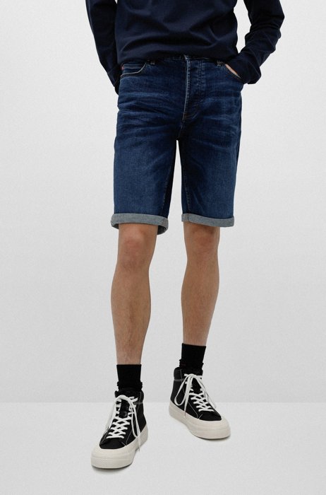 Tapered-fit shorts van blauw comfortabel stretchdenim, Donkerblauw