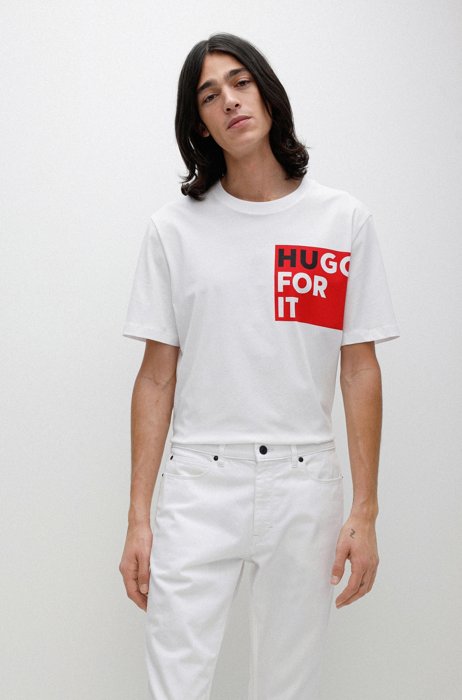 Organic-cotton T-shirt with logo slogan, White