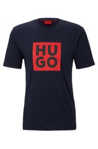 T-shirt en coton biologique avec logo imprimé, Bleu foncé