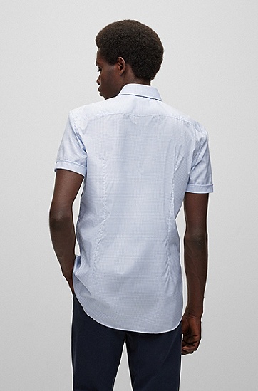BOSS 博斯格纹图案芦荟纤维棉质修身衬衫,  450_Light/Pastel Blue