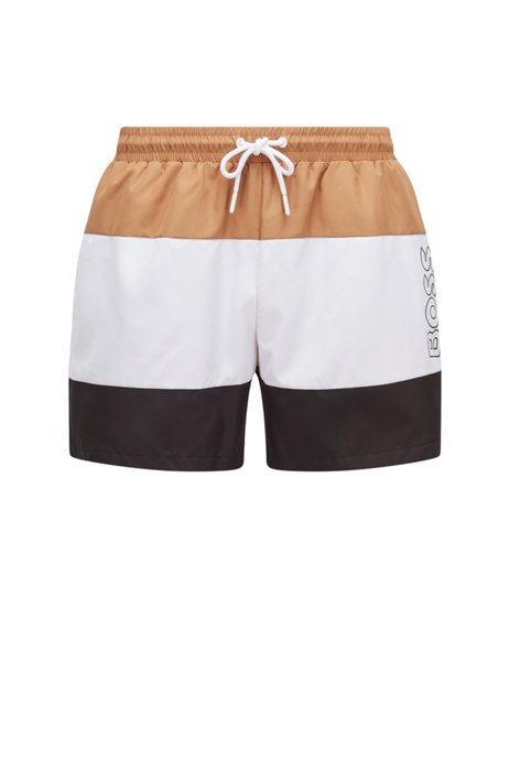 Recycled-material swim shorts with colour-blocked stripe, Beige