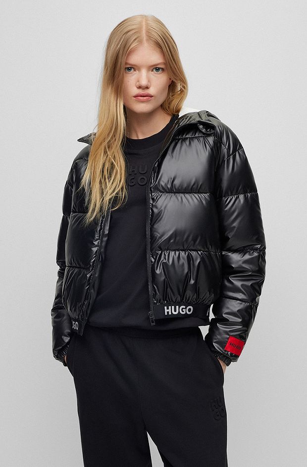 Hooded regular-fit jacket with logo waistband, Black