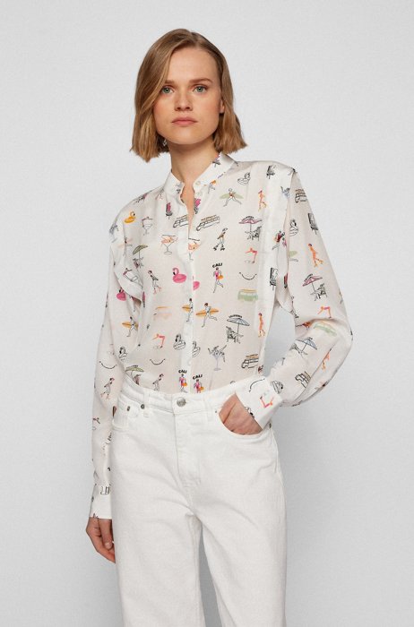 Regular-fit blouse in tartan-print silk, Patterned