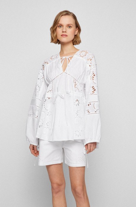 Broderie-anglaise blouse in organic cotton, Patterned