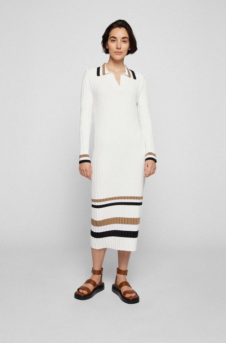 Ribgebreide jurk met kenmerkende streepdetails, Wit
