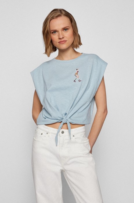Sleeveless organic-cotton T-shirt with knotted hem, Light Blue