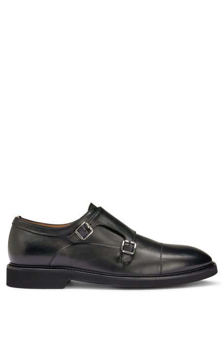 Leather double-monk shoes with padded insole, Black