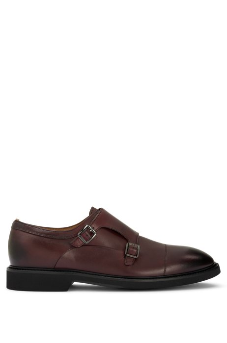Leather double-monk shoes with padded insole, Dark Red