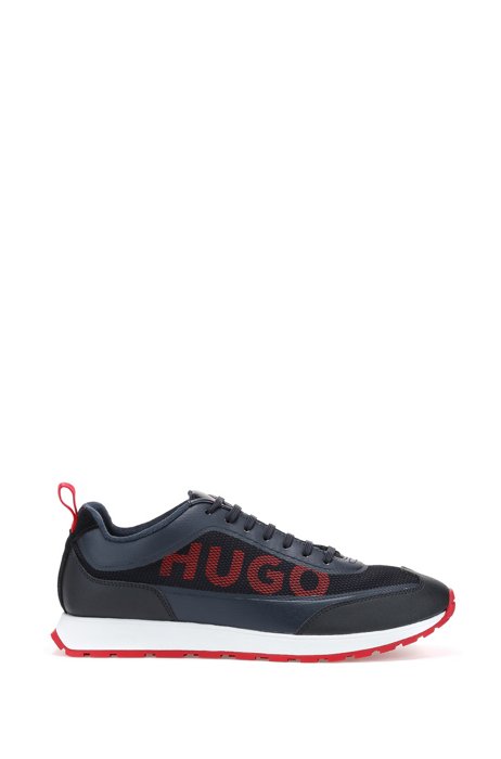 Logo trainers in open mesh and rubberised faux leather, Dark Blue