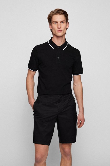 Cotton-blend polo shirt with chest logo, Black