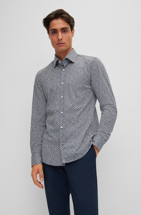 Slim-fit shirt in printed cotton jersey, Dark Blue