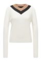 Knitted V-neck sweater with block stripes, White