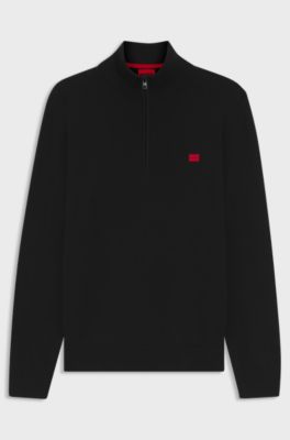 Zip-neck sweater in cotton with red logo label, Black