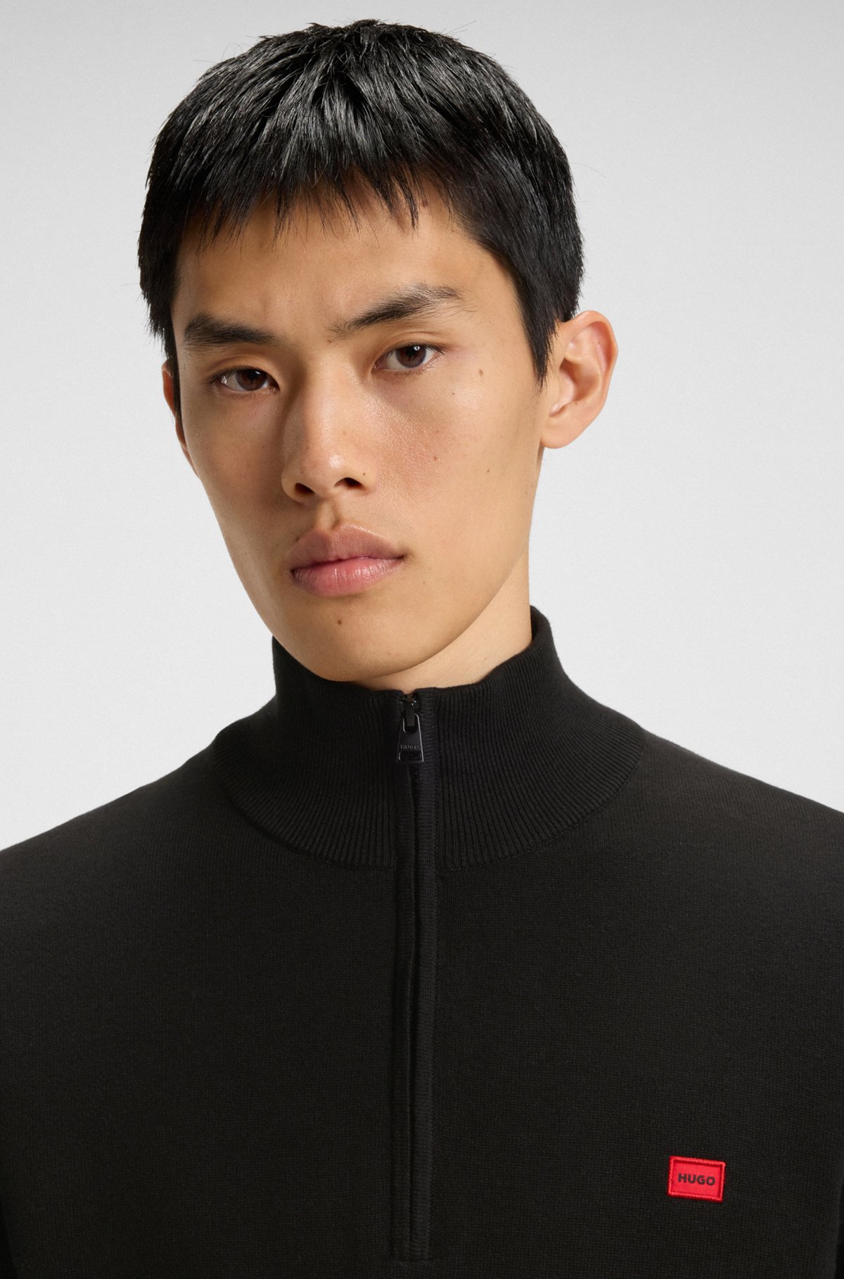 HUGO - Knitted-cotton zip-neck sweater with logo label - Black HUGO - Knitted-cotton zip-neck sweater with logo label - Black
