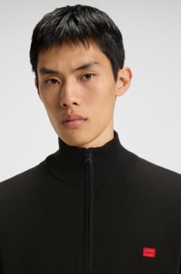 Zip-neck sweater in cotton with red logo label, Black