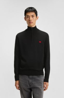 Zip-neck sweater in cotton with red logo label, Black
