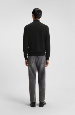 Zip-neck sweater in cotton with red logo label, Black