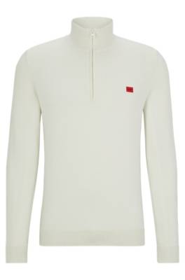 Hugo Boss Organic-cotton Zip-neck Sweater With Red Logo Label In White
