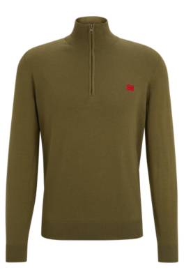 Hugo Organic-cotton Zip-neck Sweater With Red Logo Label In Brown