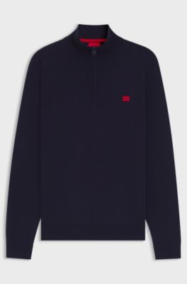 Zip-neck sweater in cotton with red logo label, Dark Blue