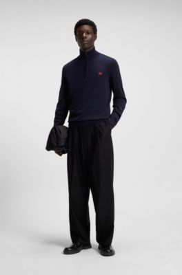 Zip-neck sweater in cotton with red logo label, Dark Blue