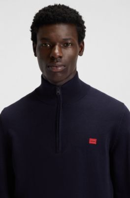 Zip-neck sweater in cotton with red logo label, Dark Blue