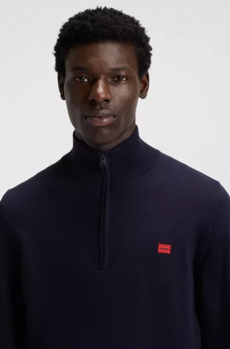 Zip-neck sweater in cotton with red logo label