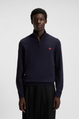 Zip-neck sweater in cotton with red logo label, Dark Blue