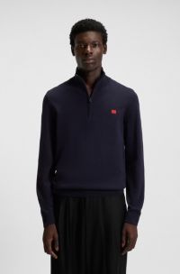 Zip-neck sweater in cotton with red logo label, Dark Blue