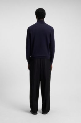 Zip-neck sweater in cotton with red logo label, Dark Blue