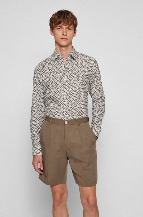 Regular-fit shirt in printed Italian linen-cotton poplin, Light Beige